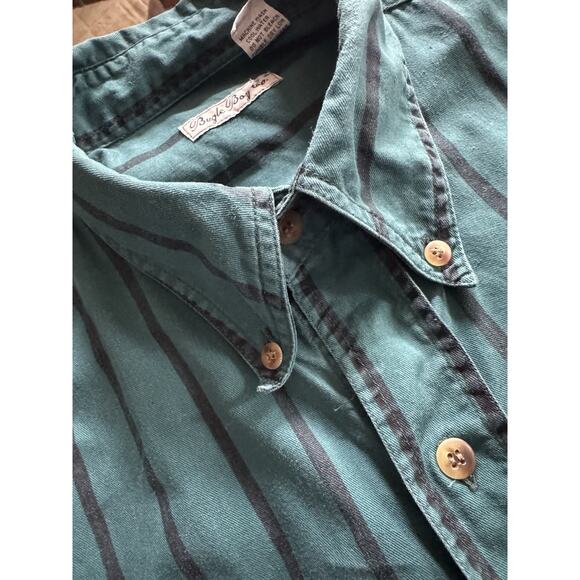Vintage Bugle Boy Co. Striped Button Down Shirt Men’s L Faded Green Crest Logo - Picture 1 of 9